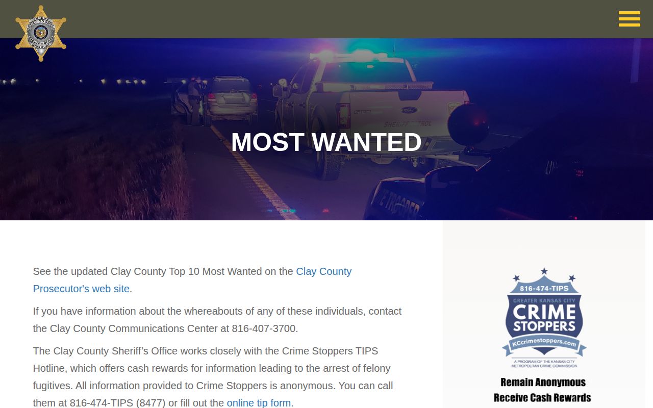 Clay County Sheriff official wanted-record source and fugitive information