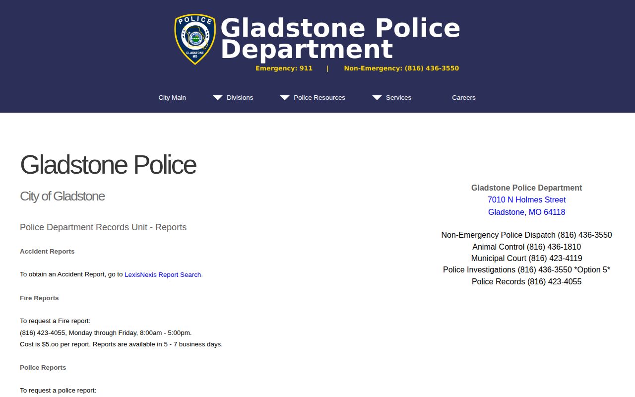 Clay County Gladstone Police records request information for arrest records
